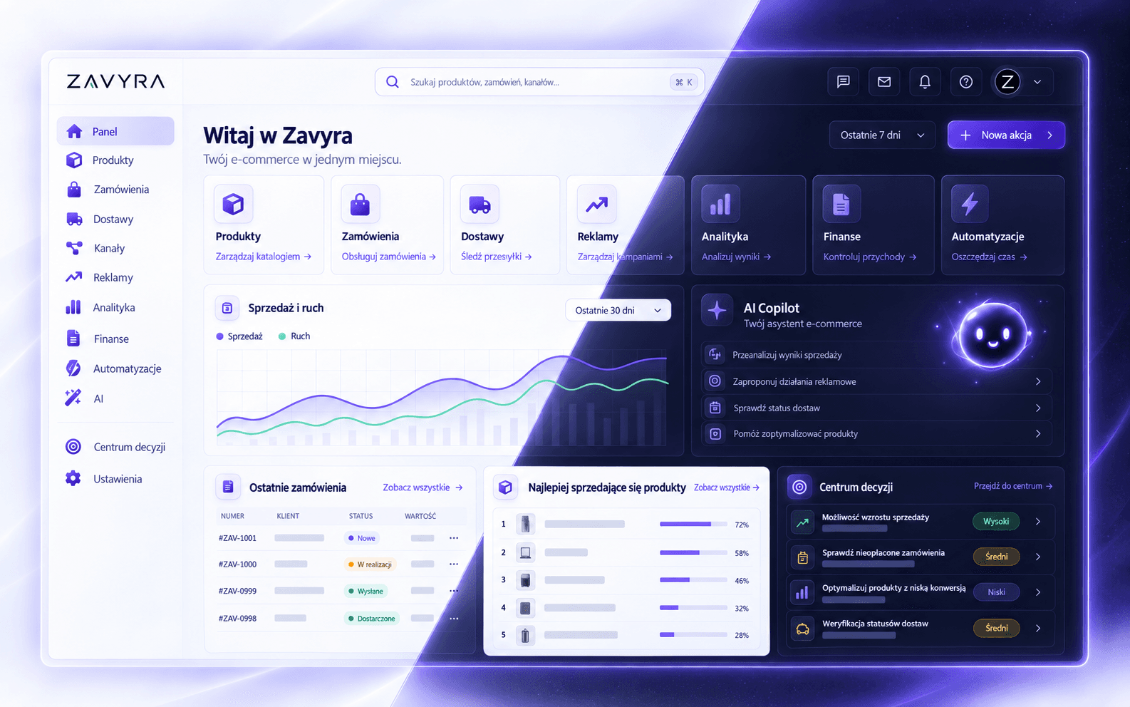 Zavyra dashboard combining light and dark interfaces