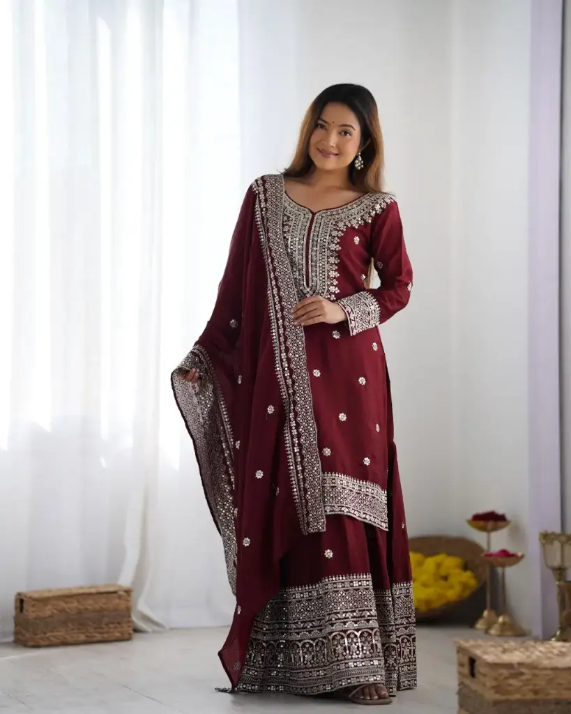 New Chinon Silk With Heavy Embroidery Sequence Work Top-Plazo And Dupatta Set With Fully Stitched Ready To Wear Collection