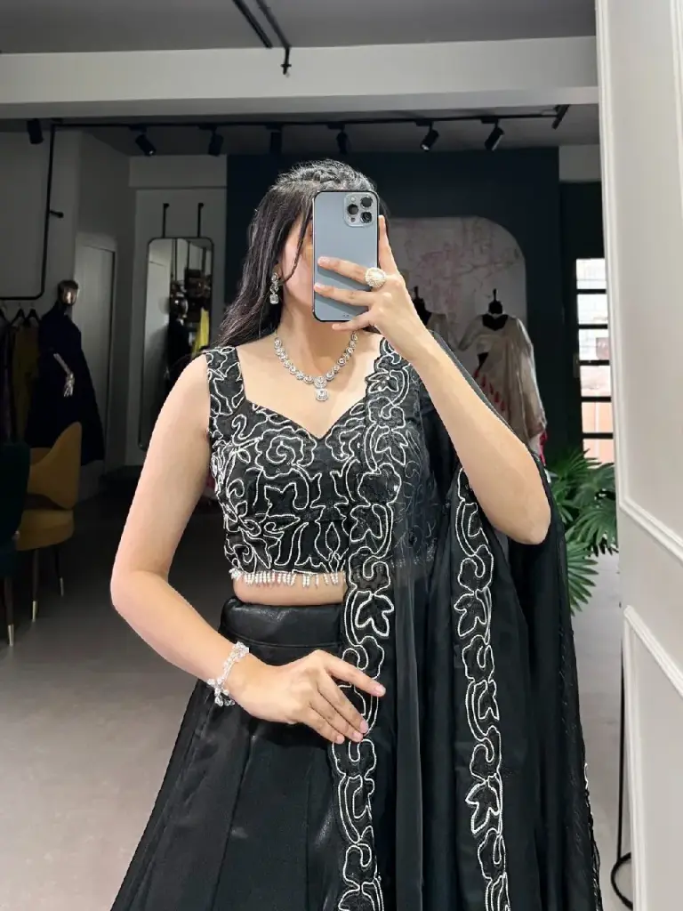 Elegance in every shade - black beauty! Lehenga(Stitched) Lehenga Fabric:Star Satin Lehenga work : Plain