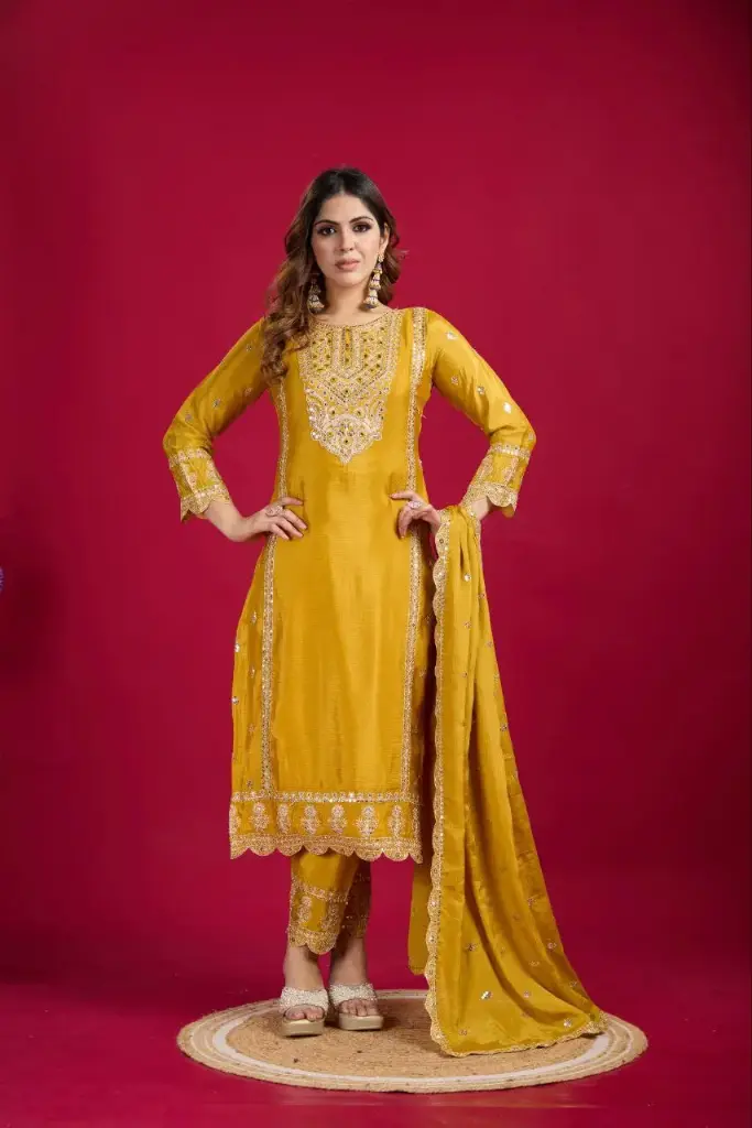 New Collection Heavy Chinon Silk Top-Bottom And Dupatta Set Fully Stitched Ready To Wear