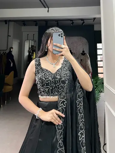 Elegance in every shade - black beauty! Lehenga(Stitched) Lehenga Fabric:Star Satin Lehenga work : Plain
