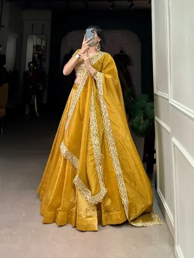 "Goldie vibes for golden moments" Lehenga(Stitched) Lehenga Fabric:Star Satin Lehenga work : Plain