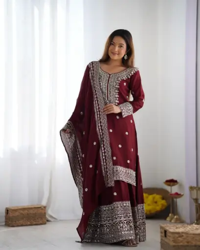 New Chinon Silk With Heavy Embroidery Sequence Work Top-Plazo And Dupatta Set With Fully Stitched Ready To Wear Collection