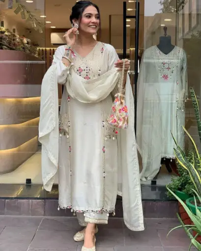 Beautifully Crafted Pure Roman Silk Suits with Patch Print Detailing