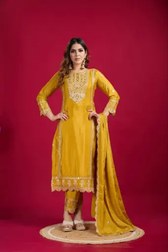 New Collection Heavy Chinon Silk Top-Bottom And Dupatta Set Fully Stitched Ready To Wear